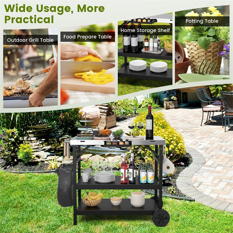 Outdoor Grill Cart 3-Tier Movable Food Prep Table Stainless Steel Kitchen Work Table with Wheels, Spice Rack & Garbage Bag Holder