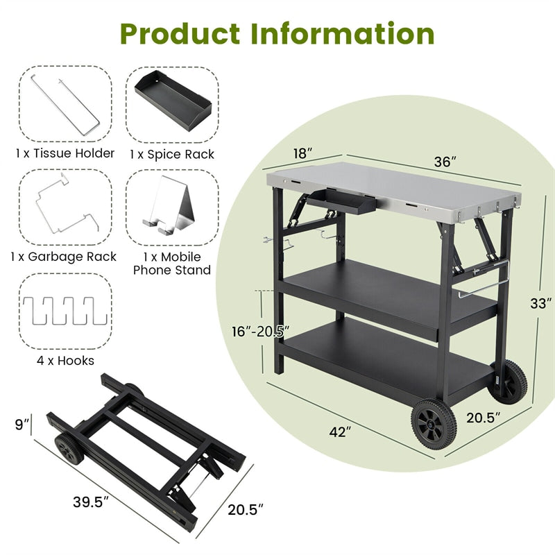 Outdoor Grill Cart 3-Tier Movable Food Prep Table Stainless Steel Kitchen Work Table with Wheels, Spice Rack & Garbage Bag Holder