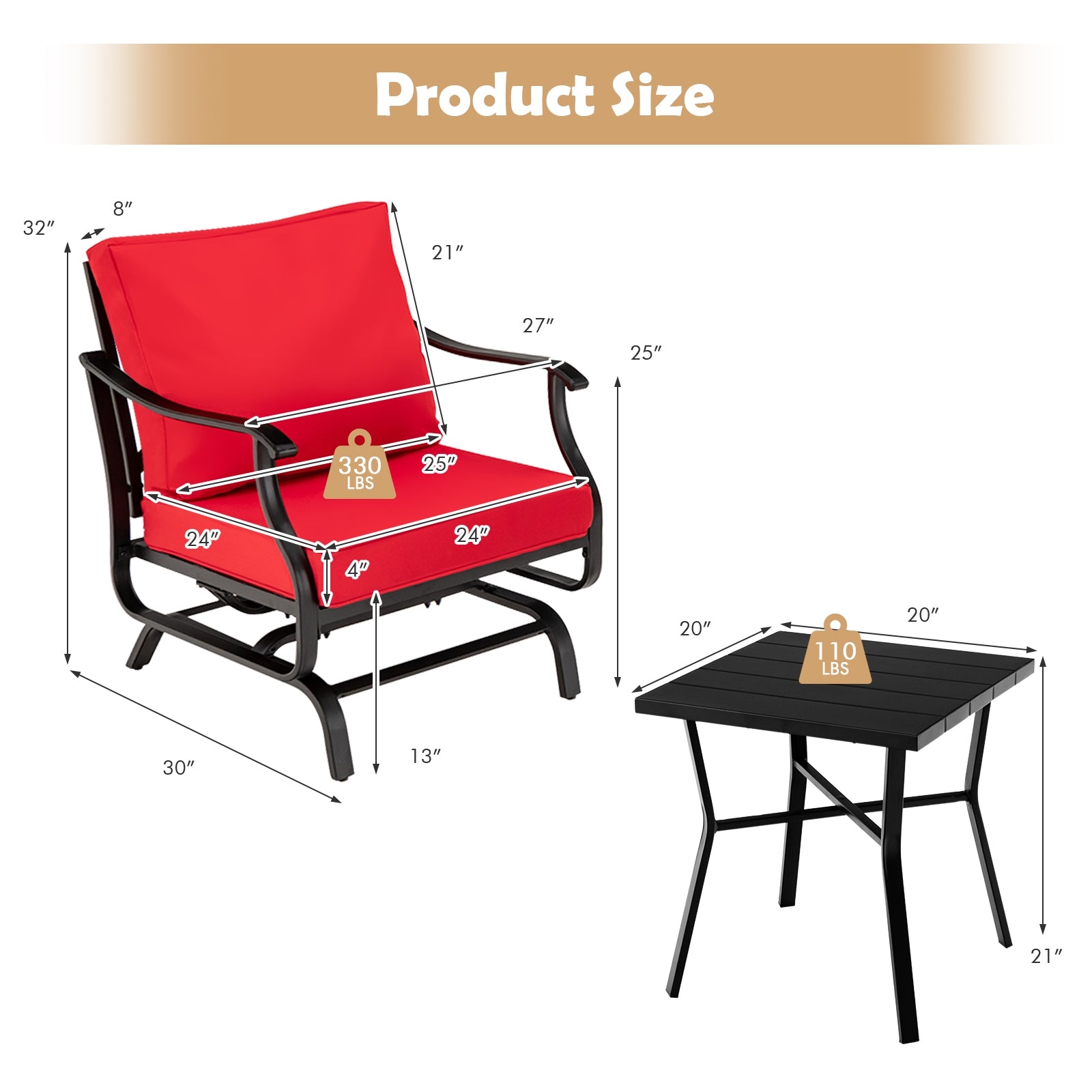 3 Piece Patio Rocking Chair Set with Coffee Table