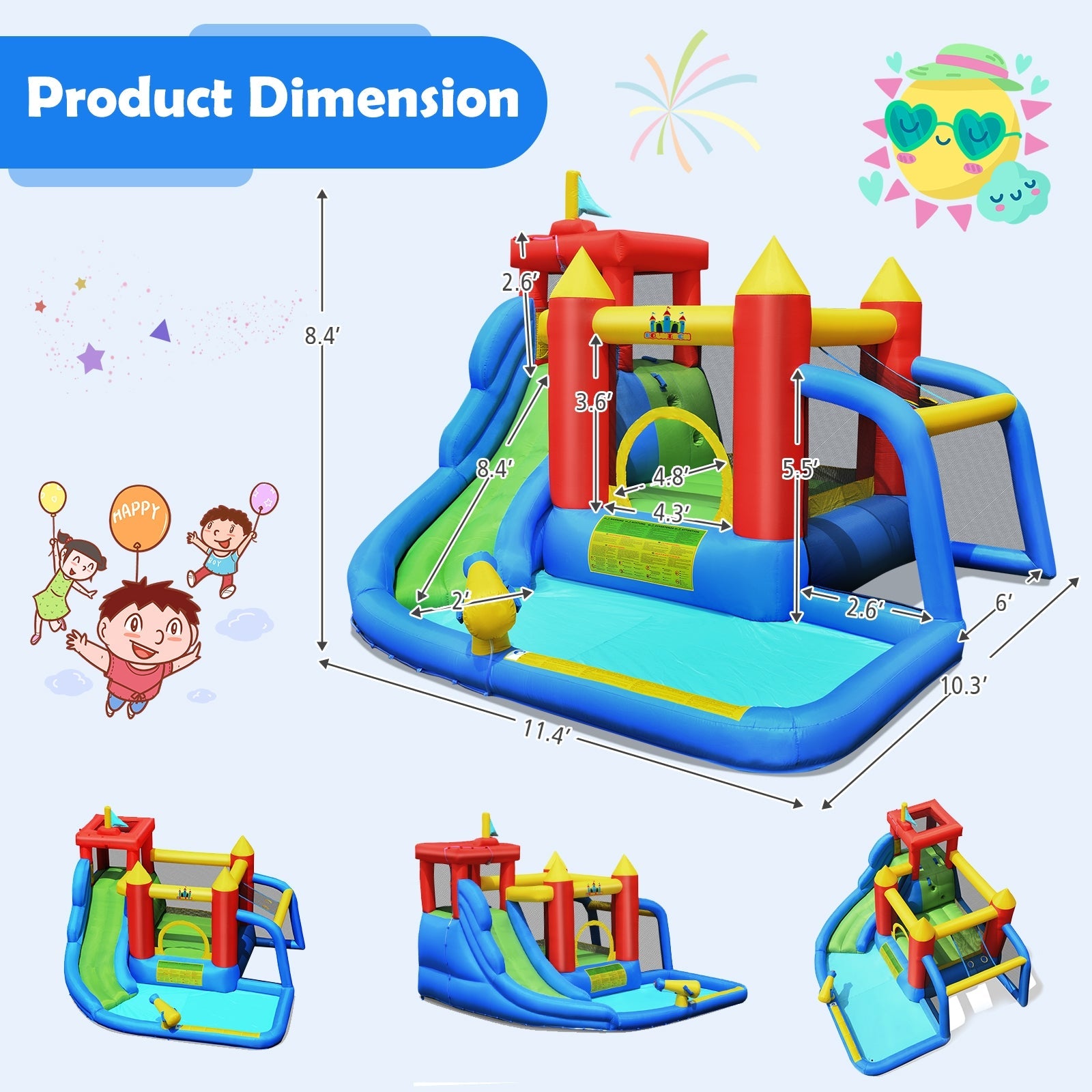 7-in-1 Inflatable Bounce House Splash Pool with Water Climb Slide with Blower