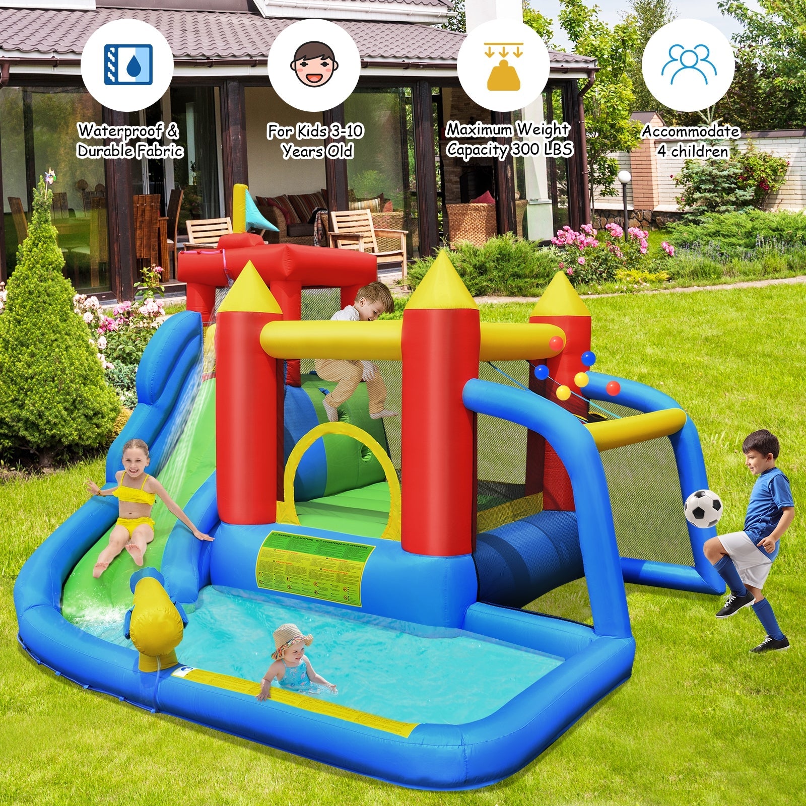 7-in-1 Inflatable Bounce House Splash Pool with Water Climb Slide with Blower