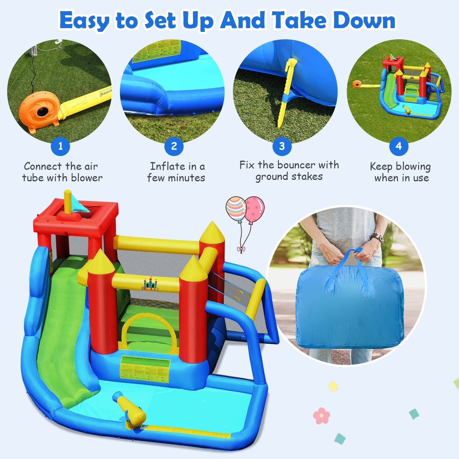 7-in-1 Inflatable Bounce House Splash Pool with Water Climb Slide with Blower