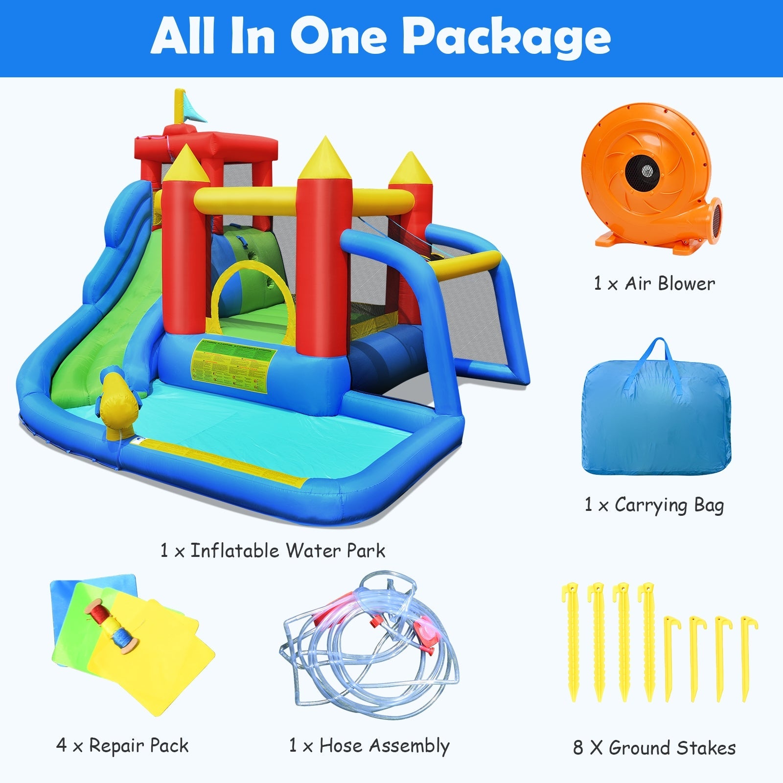 7-in-1 Inflatable Bounce House Splash Pool with Water Climb Slide with Blower