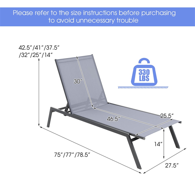 Outdoor Chaise Lounge Chair 6-Position Adjustable Sunbathing Chair Patio Garden Poolside Reclining Chair with Quick-Drying Fabric