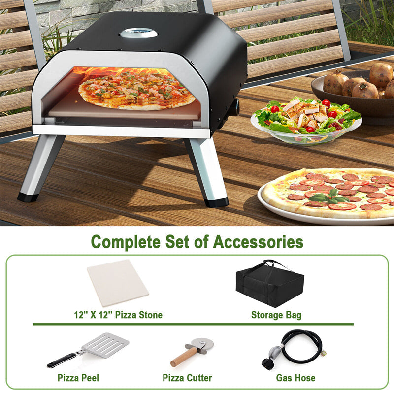 Outdoor Gas Pizza Oven 15,000 BTU Propane Pizza Oven Portable Pizza Maker with 12" Pizza Stone Foldable Legs & Storage Bag