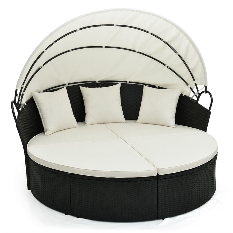 Outdoor Round Daybed Wicker Furniture Clamshell Sectional Seating with Retractable Canopy, Cushions & Pillows for Backyard Porch Poolside