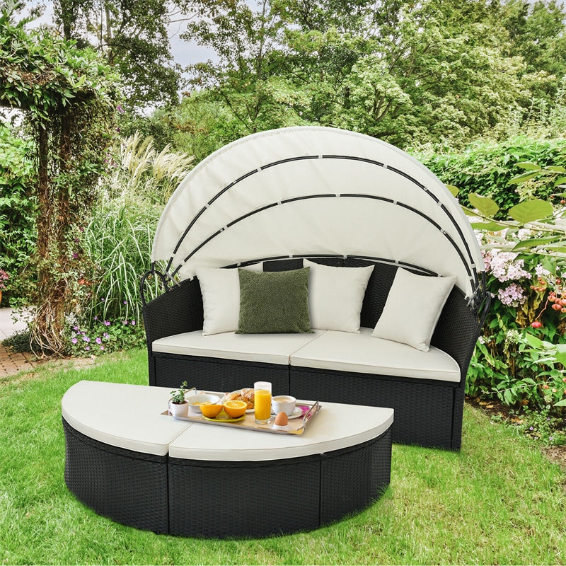 Outdoor Round Daybed Wicker Furniture Clamshell Sectional Seating with Retractable Canopy, Cushions & Pillows for Backyard Porch Poolside