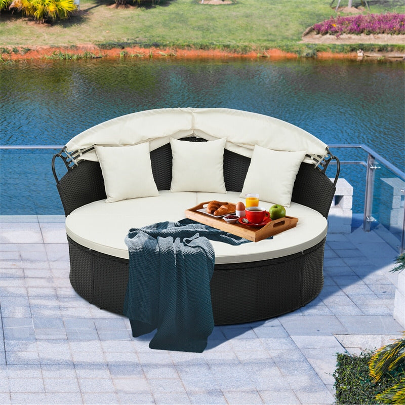 Outdoor Round Daybed Wicker Furniture Clamshell Sectional Seating with Retractable Canopy, Cushions & Pillows for Backyard Porch Poolside