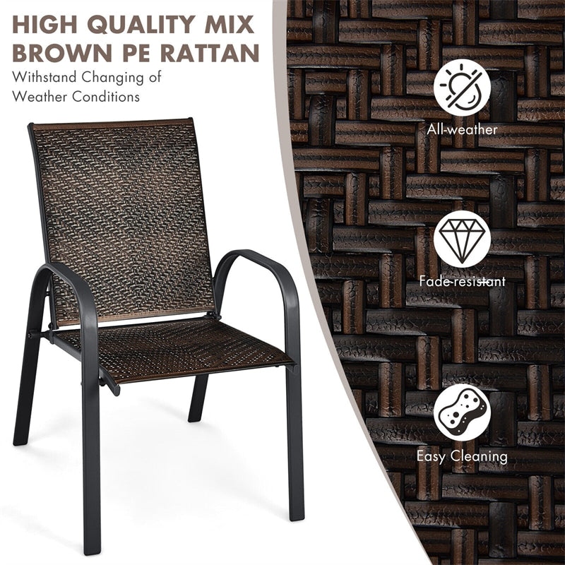 Outdoor Stackable Chairs Set of 6 PE Wicker Patio Dining Chairs with Armrest Sturdy Steel Frame & for Garden Yard Deck Lawn