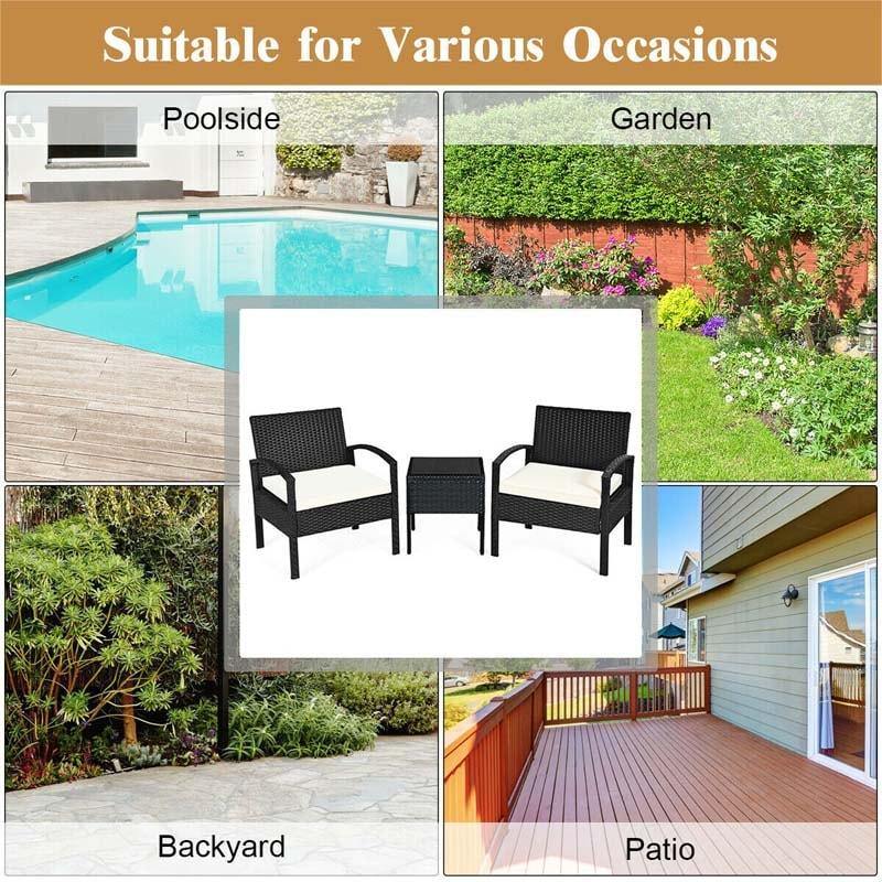 3-Piece Rattan Patio Conversation Set Wicker Bistro Furniture Set Cushioned Sofa Deck