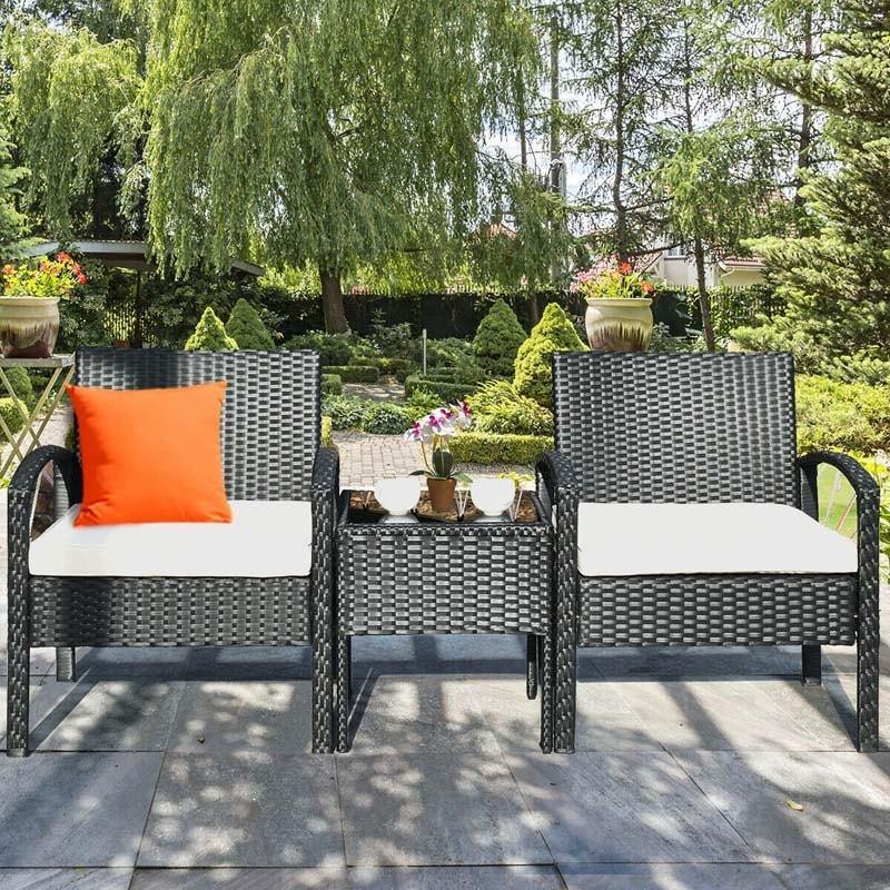 3-Piece Rattan Patio Conversation Set Wicker Bistro Furniture Set Cushioned Sofa Deck