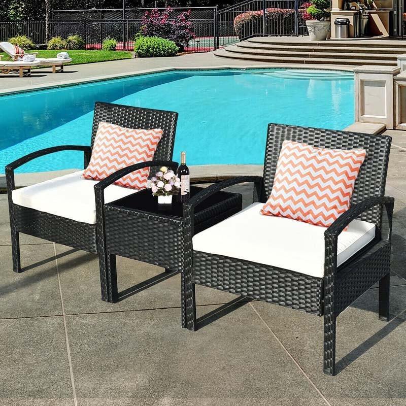 3-Piece Rattan Patio Conversation Set Wicker Bistro Furniture Set Cushioned Sofa Deck