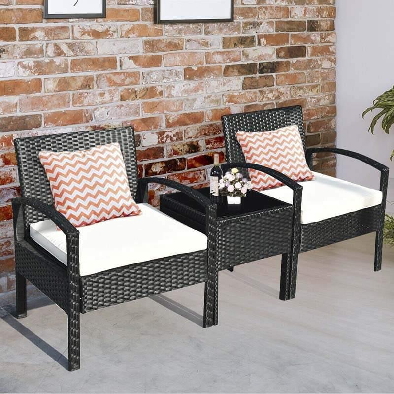 3-Piece Rattan Patio Conversation Set Wicker Bistro Furniture Set Cushioned Sofa Deck