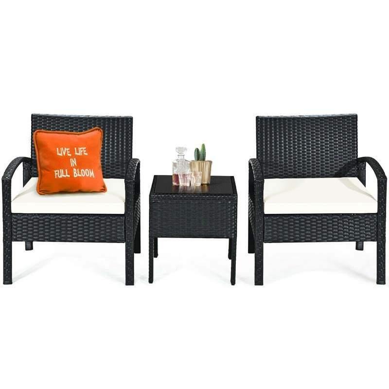 3-Piece Rattan Patio Conversation Set Wicker Bistro Furniture Set Cushioned Sofa Deck