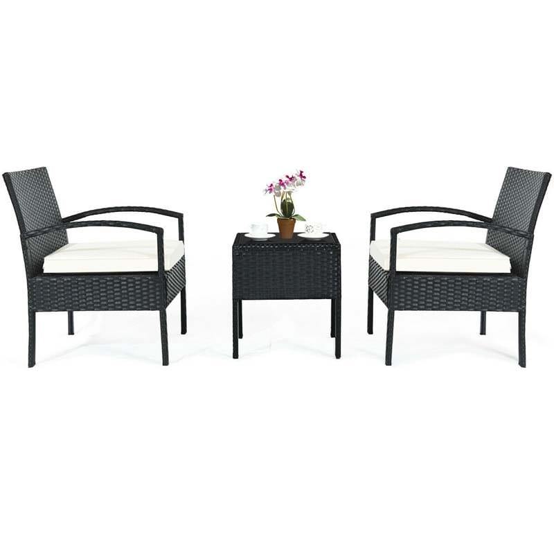 3-Piece Rattan Patio Conversation Set Wicker Bistro Furniture Set Cushioned Sofa Deck