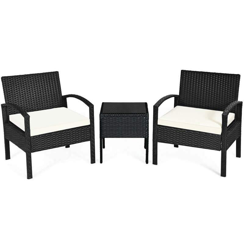 3-Piece Rattan Patio Conversation Set Wicker Bistro Furniture Set Cushioned Sofa Deck