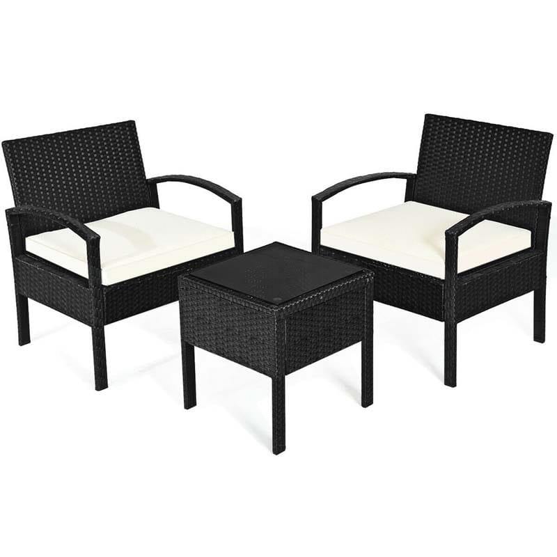 3-Piece Rattan Patio Conversation Set Wicker Bistro Furniture Set Cushioned Sofa Deck