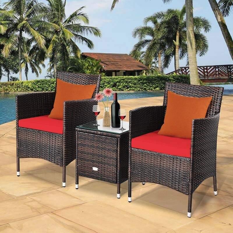 3 Pieces Patio Rattan Wicker Furniture Set Bistro Set with Cushions & Coffee Table