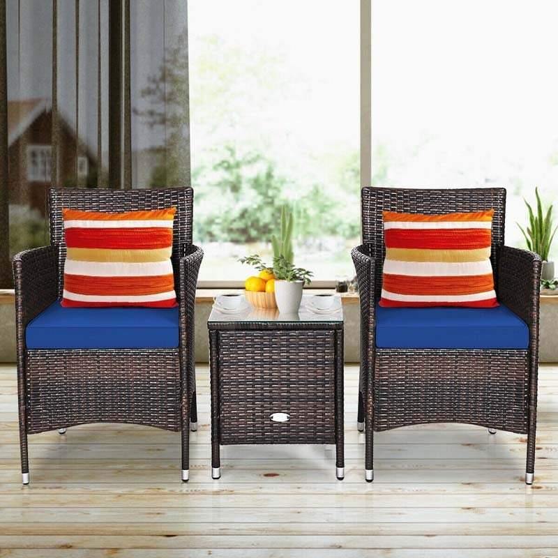 3 Pieces Patio Rattan Wicker Furniture Set Bistro Set with Cushions & Coffee Table