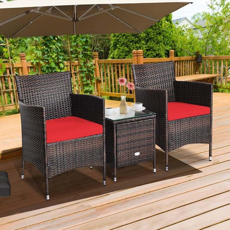 3 Pieces Patio Rattan Wicker Furniture Set Bistro Set with Cushions & Coffee Table