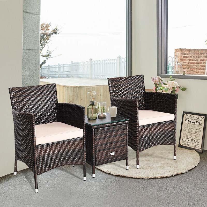 3 Pieces Patio Rattan Wicker Furniture Set Bistro Set with Cushions & Coffee Table