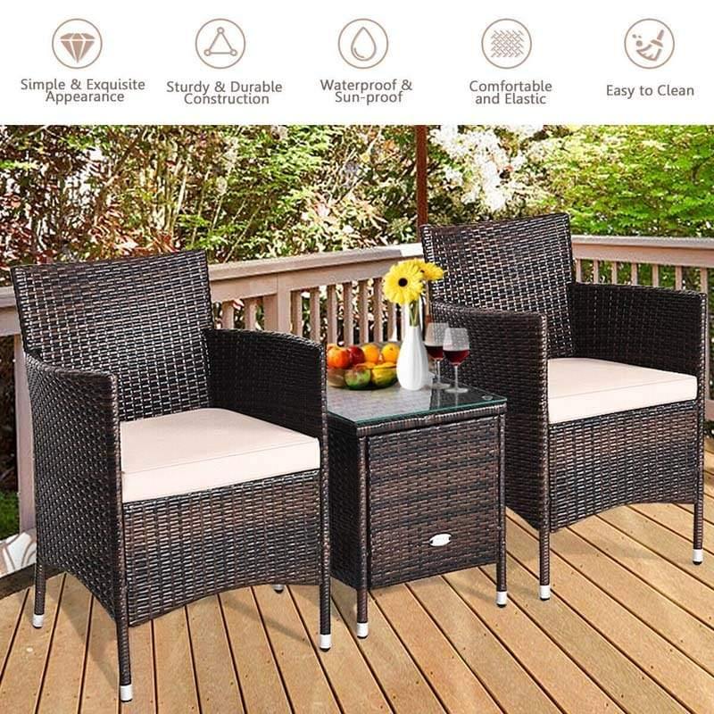 3 Pieces Patio Rattan Wicker Furniture Set Bistro Set with Cushions & Coffee Table