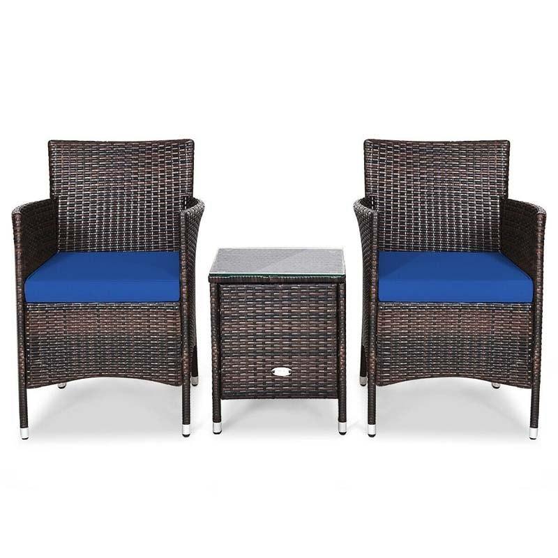 3 Pieces Patio Rattan Wicker Furniture Set Bistro Set with Cushions & Coffee Table