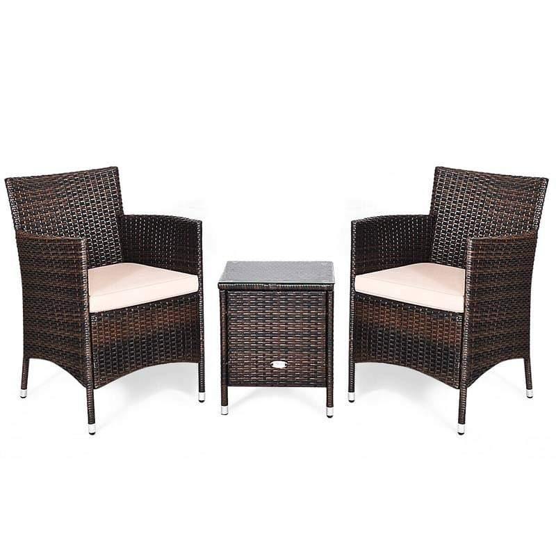 3 Pieces Patio Rattan Wicker Furniture Set Bistro Set with Cushions & Coffee Table