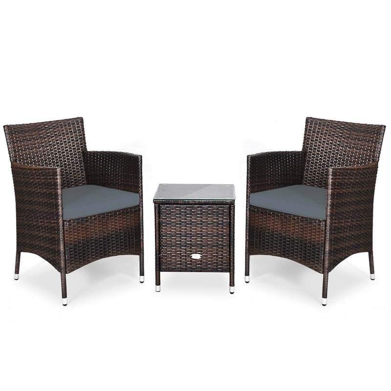 3 Pieces Patio Rattan Wicker Furniture Set Bistro Set with Cushions & Coffee Table