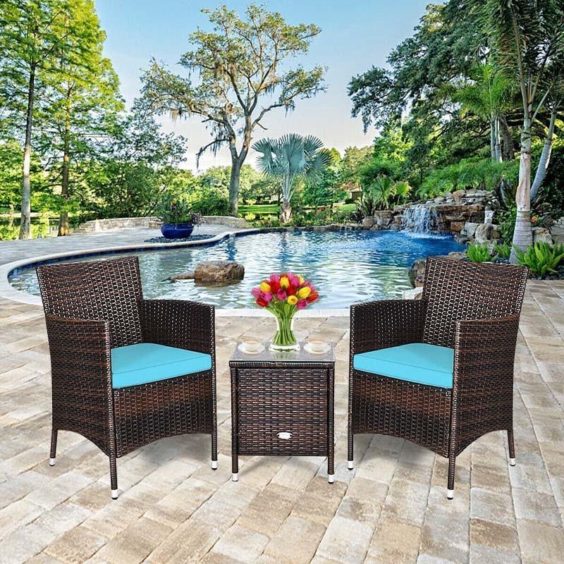 3 Pieces Patio Rattan Wicker Furniture Set Bistro Set with Cushions & Coffee Table