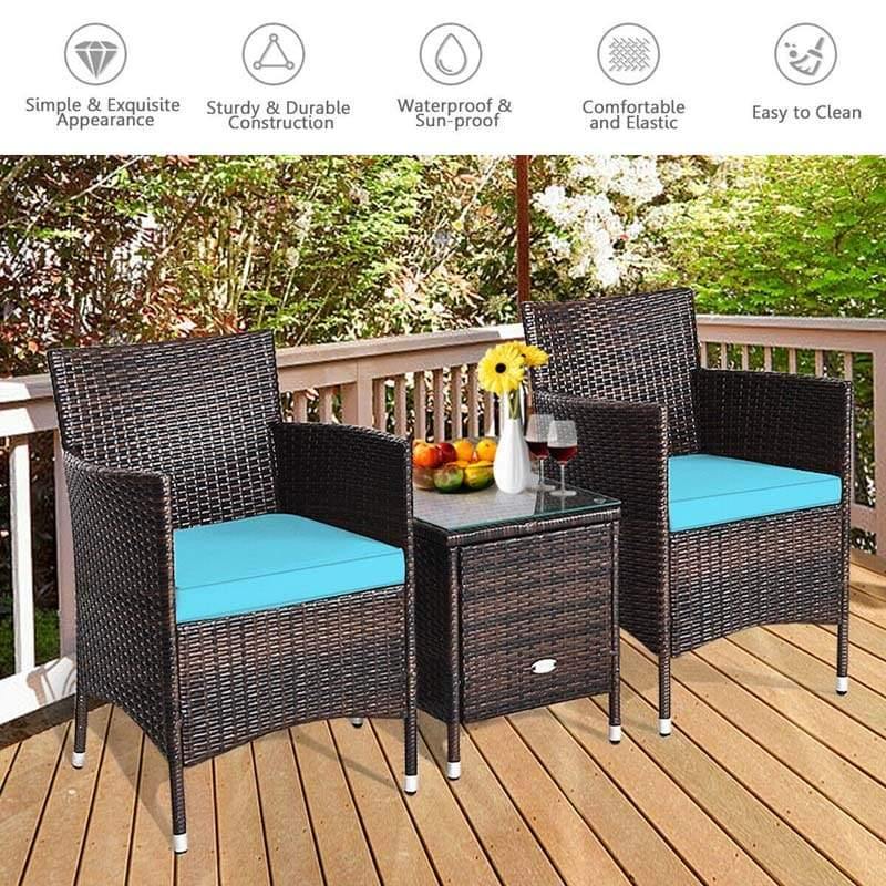 3 Pieces Patio Rattan Wicker Furniture Set Bistro Set with Cushions & Coffee Table