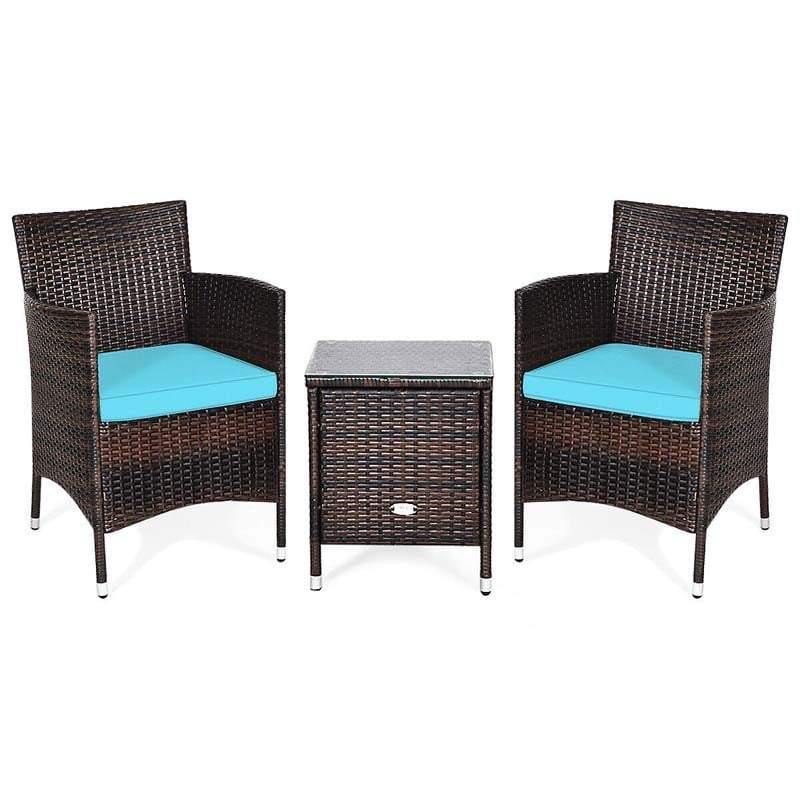 3 Pieces Patio Rattan Wicker Furniture Set Bistro Set with Cushions & Coffee Table