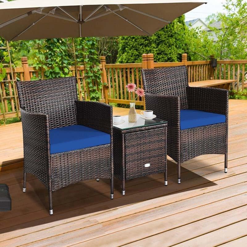 3 Pieces Patio Rattan Wicker Furniture Set Bistro Set with Cushions & Coffee Table