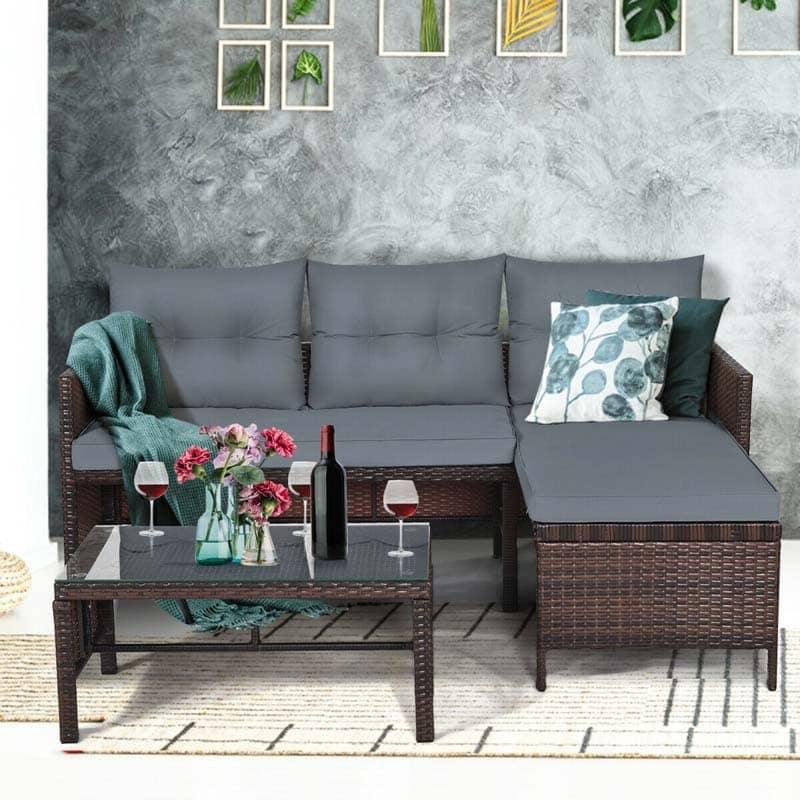 3 Pcs Outdoor PE Rattan Furniture Set Corner Sofa Set