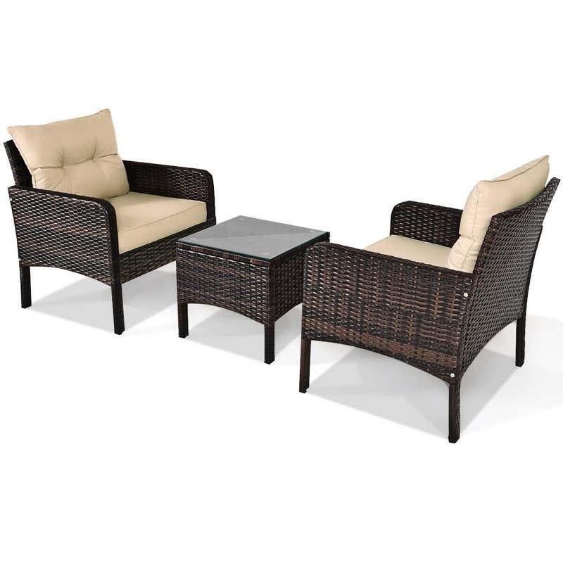 3 Piece Rattan Patio Conversation Set Wicker Chair Set with Coffee Table & Cushions