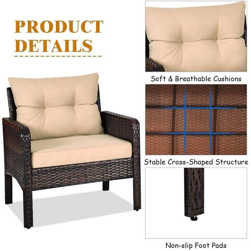 3 Piece Rattan Patio Conversation Set Wicker Chair Set with Coffee Table & Cushions