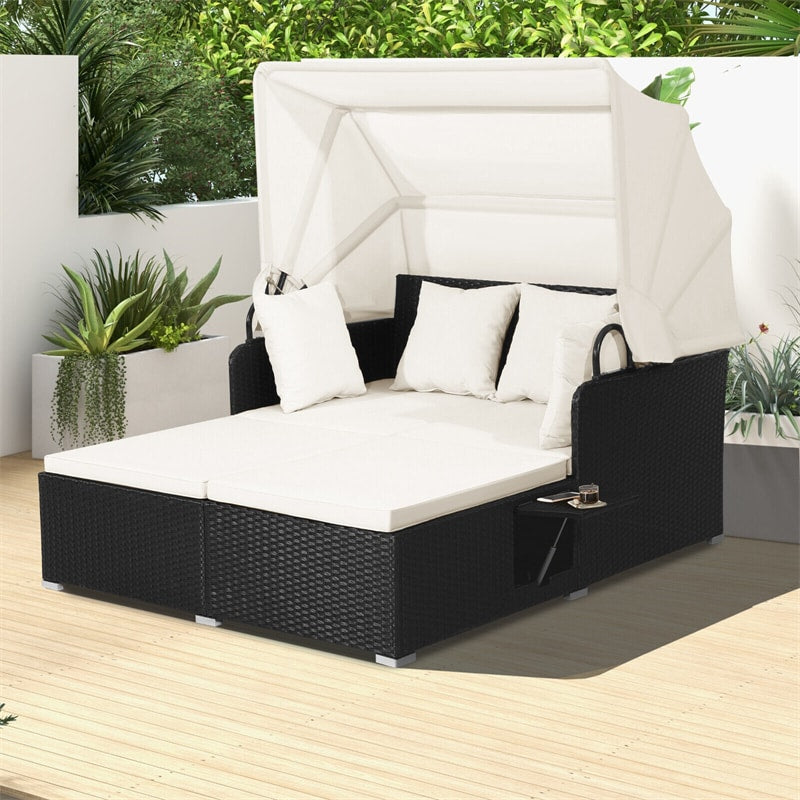 Patio Rattan Daybed Outdoor Wicker Double Sun Lounger with Retractable Top Canopy, 2 Side Table, Soft Seat & Back Cushions