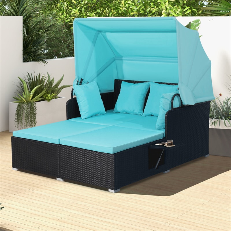 Patio Rattan Daybed Outdoor Wicker Double Sun Lounger with Retractable Top Canopy, 2 Side Table, Soft Seat & Back Cushions