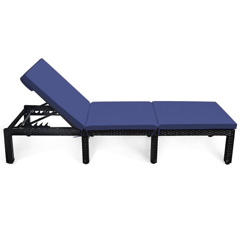 Patio Rattan Lounge Chair Adjustable Backrest Wicker Outdoor Chaise Lounge with Seat Back Cushions & 2 Color Covers