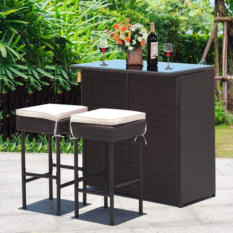 3-Piece Patio Rattan Wicker Bar Table Stool Set with Seat Cushions & Glass Top Table