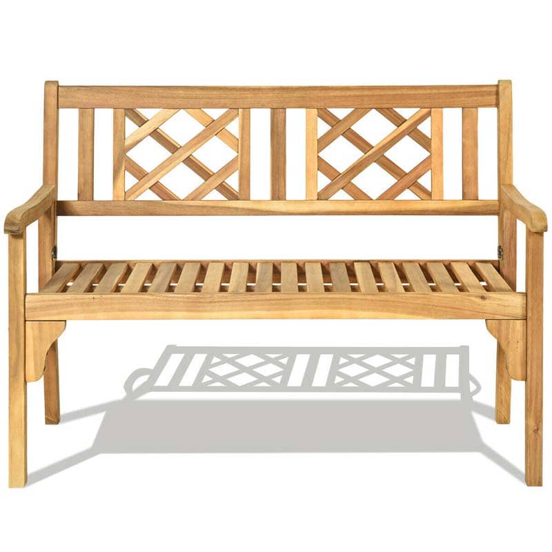 Folding Wood Outdoor Bench Acacia Garden Bench 2-Person Loveseat Chair with Curved Backrest & Armrest