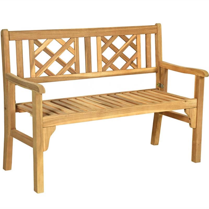 Folding Wood Outdoor Bench Acacia Garden Bench 2-Person Loveseat Chair with Curved Backrest & Armrest