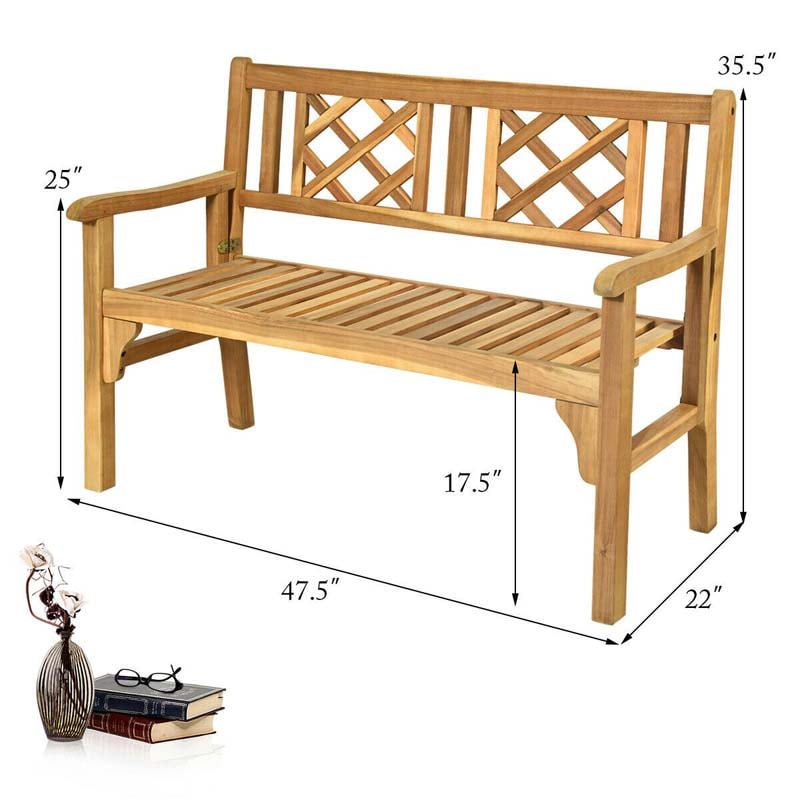 Folding Wood Outdoor Bench Acacia Garden Bench 2-Person Loveseat Chair with Curved Backrest & Armrest