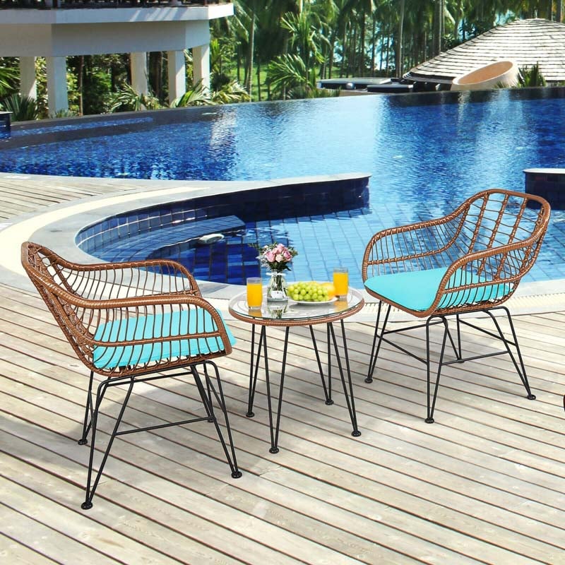 3 Pcs Patio Rattan Bistro Set Furniture Set with Tempered Glass Top Table & Cushions