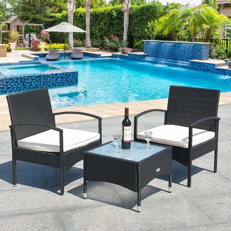 3 Pcs Patio Wicker Rattan Bistro Set Coffee Table & 2 Chairs with Cushions