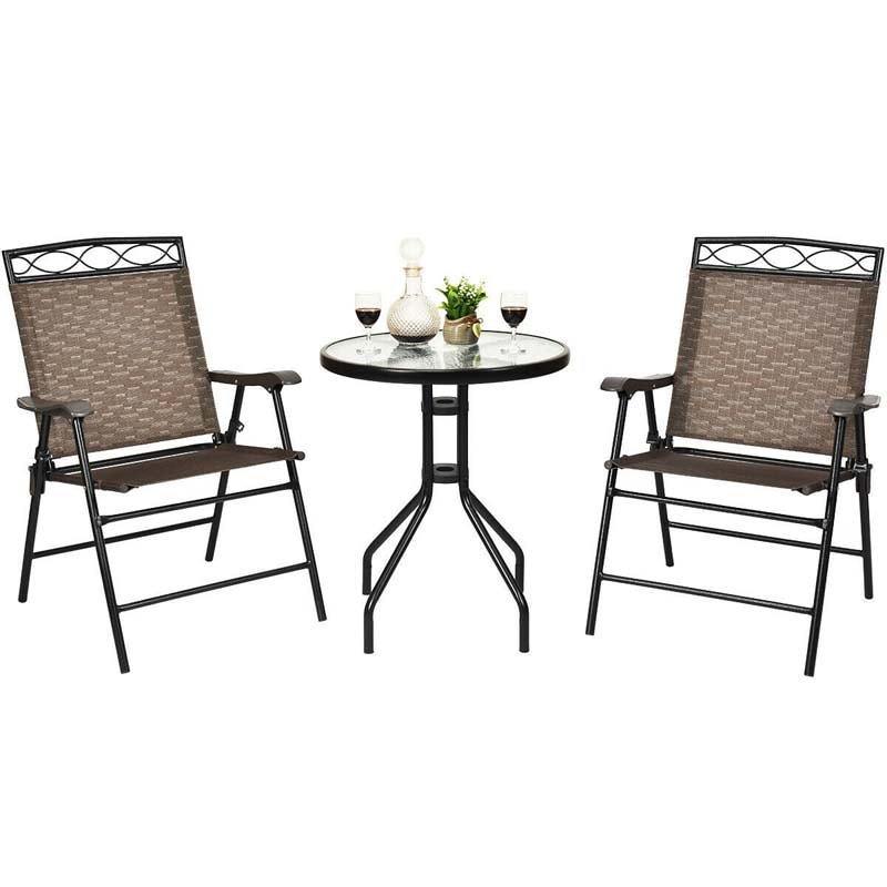 3 Piece Patio Dining Set Round Glass Bistro Table Set  with 2 Patio Folding Chairs