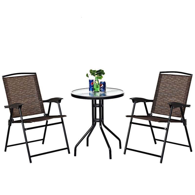 3 Pcs Patio Bistro set All Weather Outdoor Furniture Folding Chair Glass Table Set