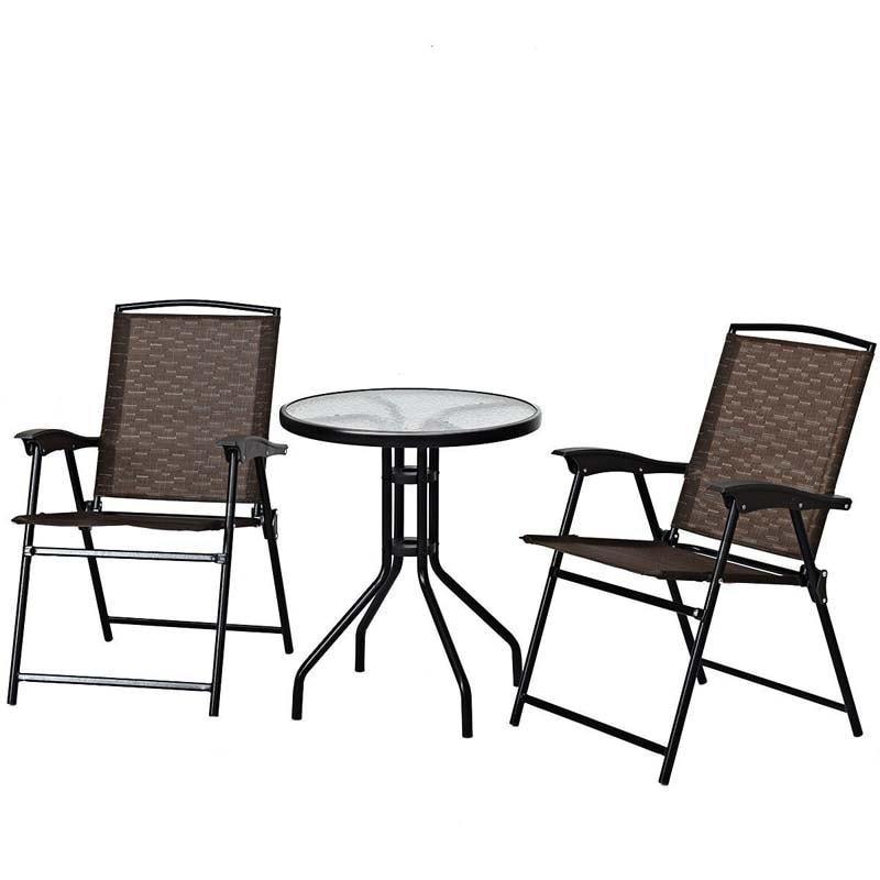 3 Pcs Patio Bistro set All Weather Outdoor Furniture Folding Chair Glass Table Set