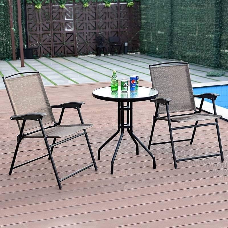 3 Pcs Patio Bistro set All Weather Outdoor Furniture Folding Chair Glass Table Set