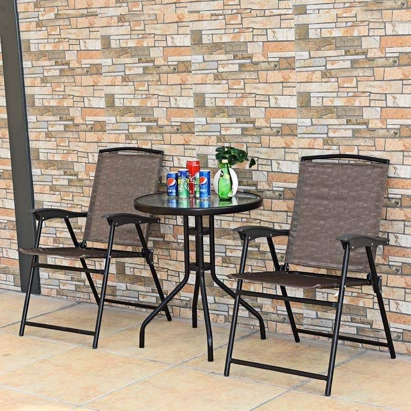 3 Pcs Patio Bistro set All Weather Outdoor Furniture Folding Chair Glass Table Set